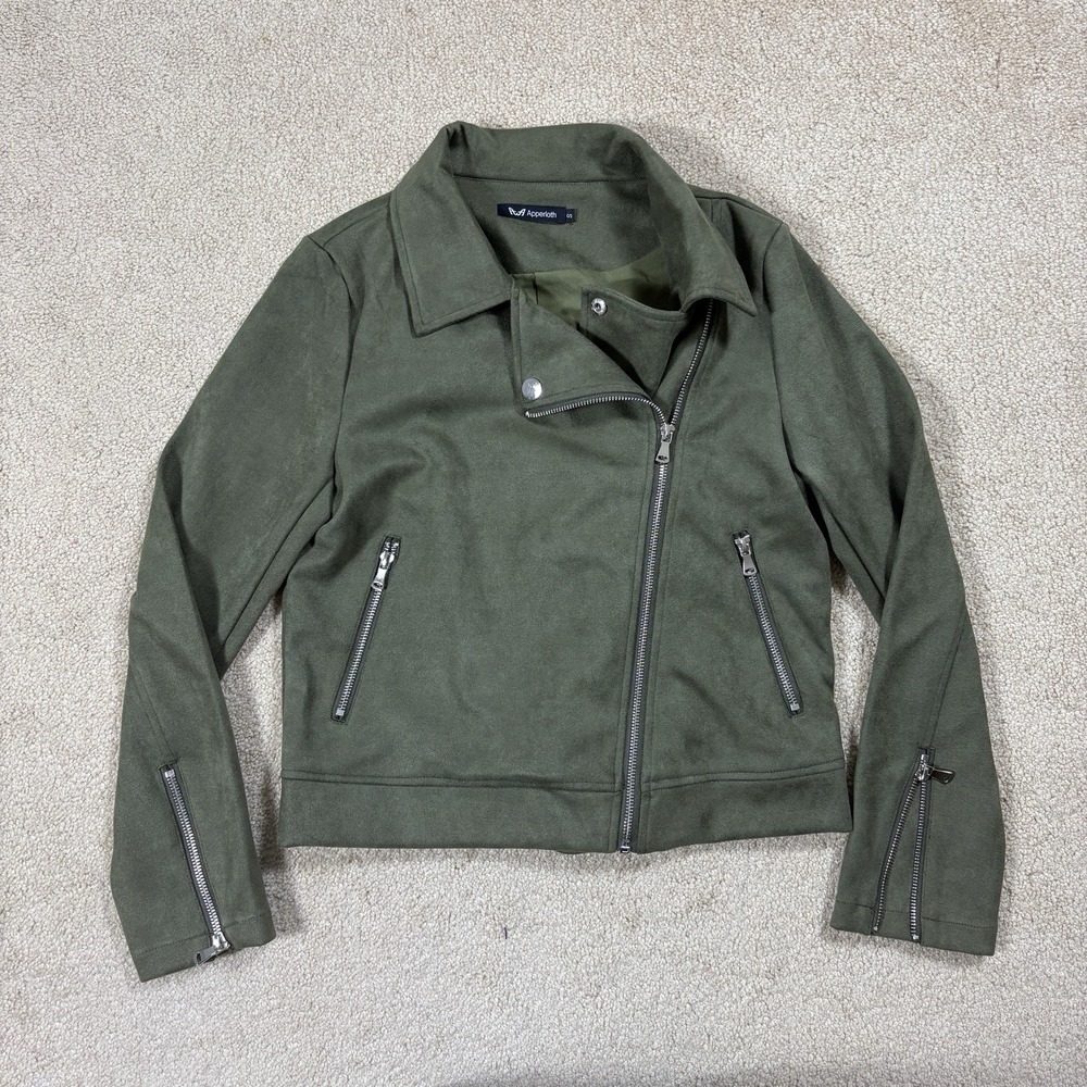 Apperloth A Faux Suede Women's Moto Jacket Size Small Green Asymmetrical Zip